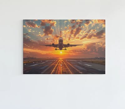 Canvas Schilderij – Vliegtuig bij Zonsondergang – Moderne Wanddecoratie - 60x40x2 cm