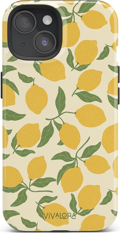 VivaLora Tough Telefoonhoesje iPhone 15 met MagSafe - Lemon Crush Print - 2-in-1 Phone Case - Hard Case & Siliconen Back - Citroenen Dessin - Extra Bescherming - Shockproof - Citroenen Dessin - Geel/Groen