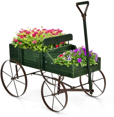 COSTWAY Bloemenstandaard, houten wagen, plantenwagen, bloemenwagen met metalen wielen, bloembak, plantenstandaard voor tuin en terras, 35 x 63 x 62,5 cm (groen)