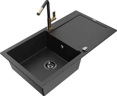 Mexen Leo granieten spoelbak 1-komor met afdruipplaat en keukenmengkraan Flora, zwart/goud metallic - 6501-75-670401-57-B