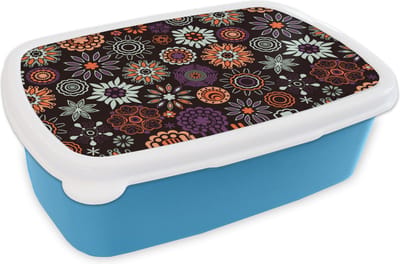 Broodtrommel Blauw - Lunchbox - Brooddoos - Retro - Bloemen - Regenboog - Boho - Patronen - 18x12x6 cm - Kinderen - Jongen