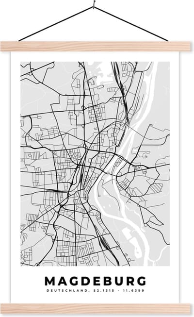 Posterhanger incl. Poster 40x60 cm - Schoolplaat - Kaart - Stadskaart - Duitsland - Magdeburg - Plattegrond - Textielposter - Blanke latten - Stadskaart