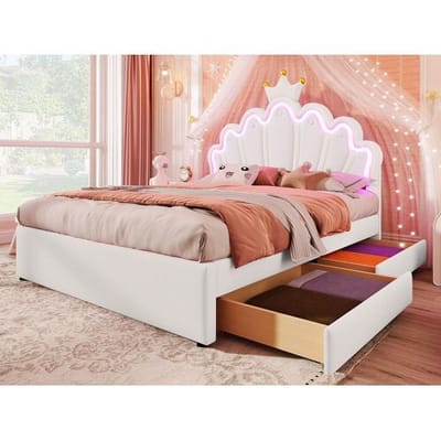 ModernLuxe Gestoffeerd kinderbed 140x200 cm - met LED en 2 lades - Wit