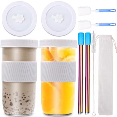 Glazen Drinkfles - Waterbeker - Lekvrij - Gemakkelijk Schoon te Maken - met Stro - 720ml - 2 Stuks
