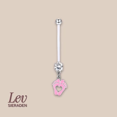 Lev Sieraden - 1.6x38mm zwangerschaps piercing - Zirkonia en enamel baby voetjes hanger - UV acryl piercing - PTFE/Bioplast/Bioflex