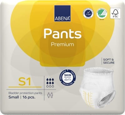 ABENA Pants Premium S1 - 16x Absorberend Broekje, te Dragen als Gewoon Ondergoed - Voor het Verlies van Flinke Scheuten Urine en (Dunne) Ontlasting - Heupomvang 60-90 cm - Absorptie 1400 ml