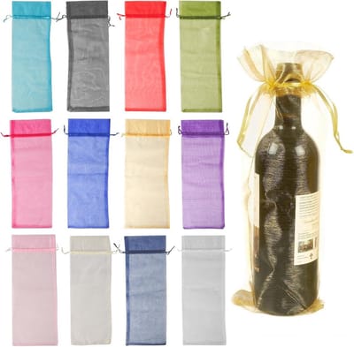 Dailygoods- Wijnzakjes 12 stuks - Organza Geschenktas - Flessenzakjes voor Wijn/Champagne - Veelkleurig - 14 x 37 cm - Met Trekkoord - Geschenkzakjes