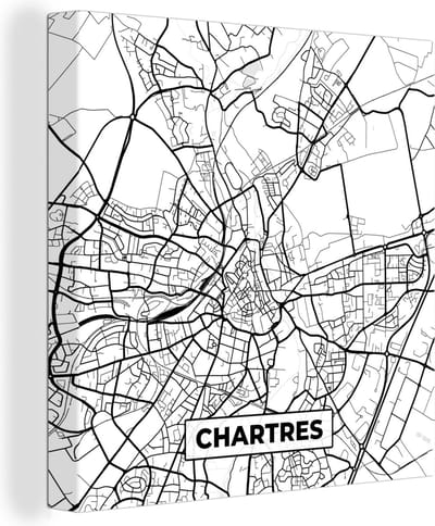 Canvas Schilderij Stadskaart – Frankrijk – Chartres - Kaart – Plattegrond - Zwart wit - 20x20 cm - Wanddecoratie