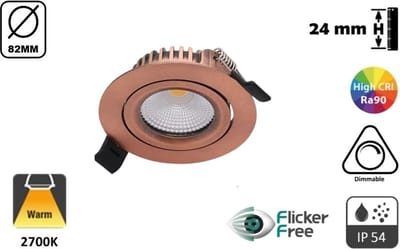 Inbouw LED Spot Koper- 5W - 420 Lumen - 2700K Warm Wit - Kantelbaar - IP44 - Dimbaar - CRI90 - Gatmaat 72mm