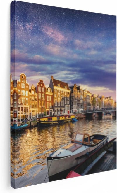 Artaza Canvas Schilderij Amsterdamse Grachten - 30x40 cm - Klein - Wanddecoratie Sterrenhemel - Muurdecoratie Boten - Kamer Accessoires