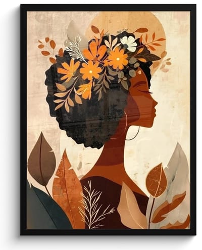 Poster in lijst - Fotolijst 50x70 cm - Posters - Vrouw - Krullen - Bloemen - Beige - Posterlijst zwart - Decoratie - Wanddecoratie woonkamer - Muurdecoratie slaapkamer