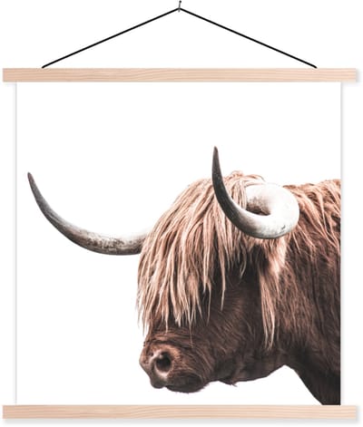 Posterhanger incl. Poster 60x60 cm - Schoolplaat - Schotse Hooglander - Hoorns - Textielposter - Blanke latten