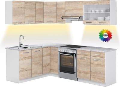 Vicco Hoekkeuken R-Line, Sonoma/Wit, 227 x 167 cm, WB Marmer met LED-strip