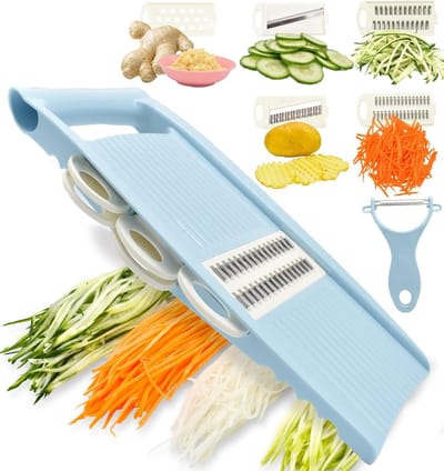 Rasp - Groentesnijder - 5 in 1 keukenmachine, groentesnijder met meerdere messen, aardappelchips, groenterasp, groentesnijder, rasp en schilmesje voor kleine keukentaken blauw