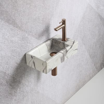 Fonteinset Mia 40.5x20x10.5cm marmerlook wit geaderd grijs rechts inclusief fontein kraan, sifon en afvoerplug copper