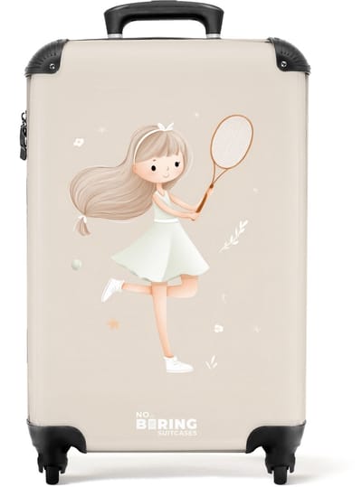 NoBoringSuitcases.com® - Kinderkoffer meisje - Kindertrolley meisjes - Meisje speelt tennis in beige kleuren - Handbagage koffer lichtgewicht - Reiskoffer trolley kinderen - Rolkoffer met wieltjes - Past binnen 55x40x20 en 55x35x25