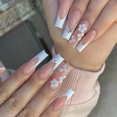 24 stuks kunstnagels met lijm bloemenontwerp lange nagels volledige dekking acryl nageltips druk op nagels wit