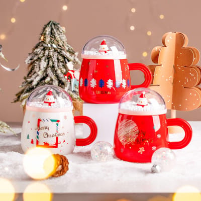 Creatieve Persoonlijkheid Sneeuwman Landschap Kerstbeker Cadeau met Deksel Keramische Drinkbeker Kantoor Koffiekop 301-400ml white