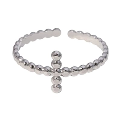 Aramat Jewels | Ringen | Open Ring RVS met Bolletjesmotief en Kruisje (10 mm) | Zilverkleur | |10mm | Staal | Volwassenen | Verkleurd niet