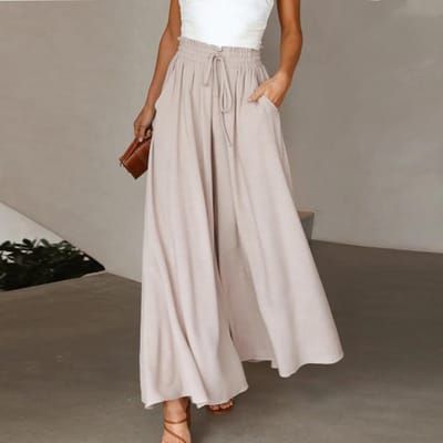 Effen kleur damesbroek, elastische riem, wijde pijpen, hoge taille, lange culottes M abrikoos