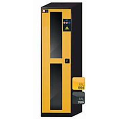 asecos CS-CLASSIC-G chemische voorraadkast, scharnierende deur met glasuitsparing, links scharnier, voorkant in veiligheidsgeel, B 545 x D 520 x H 1950 mm