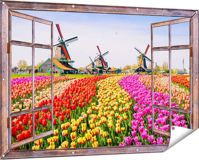 Gards Tuinposter Doorkijk Kleurrijke Tulpen Bloemenveld - Windmolen - 150x100 cm - Tuindoek - Tuindecoratie - Wanddecoratie buiten - Tuinschilderij