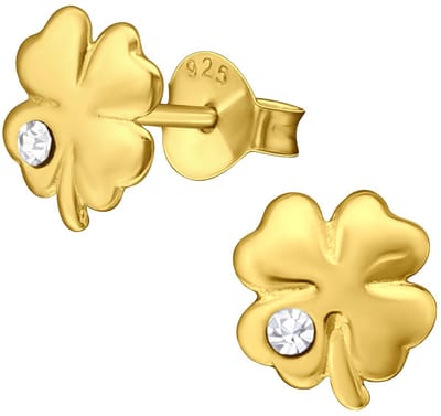 Joy|S - Zilveren klaver oorbellen - 7 x 8 mm - klavertje vier - kristal - oorknoppen - gold plated