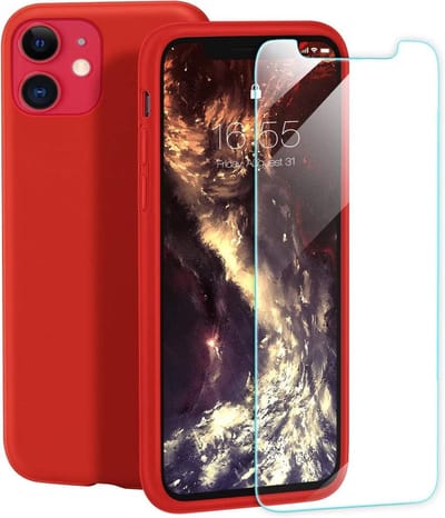 Siliconen Backcover Hoesje Rood  + Tempered Glas Screenprotector Geschikt voor: Apple iPhone 11