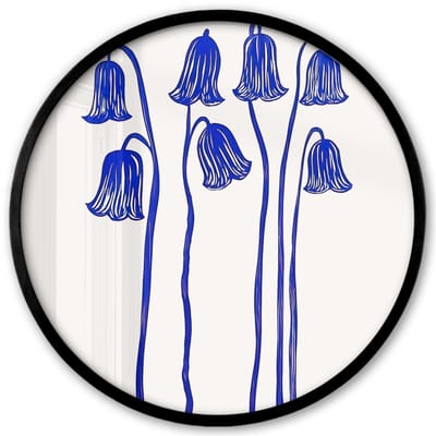 Poster in lijst Rond - Fotolijst 40x40 cm - Posters - Bloemen - Blauw - Lijnen - Bloemblaadjes - Ronde posterlijst zwart - Decoratie - Wanddecoratie woonkamer - Muurdecoratie slaapkamer