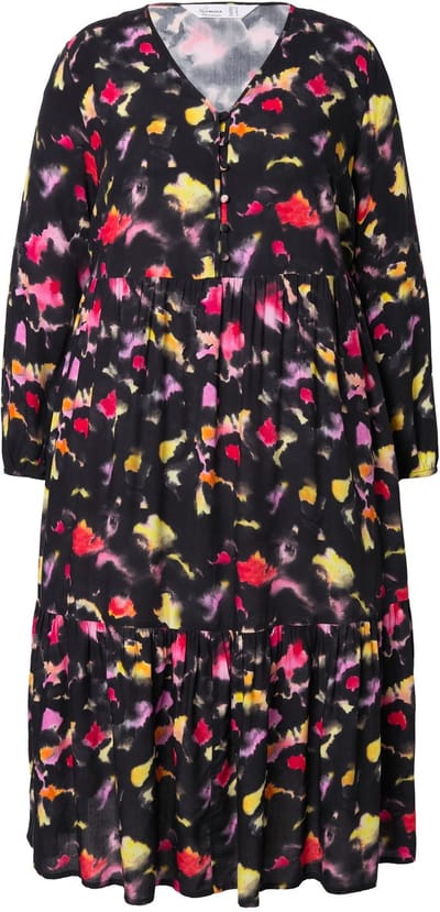 MIAMODA - Dames - Midi-jurk all-over print volants - Korengeel - Maat 42