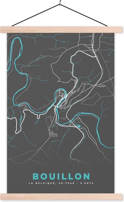 Posterhanger incl. Poster 40x60 cm - Schoolplaat - Stadskaart – Grijs - Kaart – Bouillon – België – Plattegrond - Textielposter - Blanke latten - Stadskaart