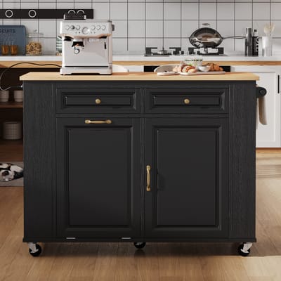 MODFU Keukeneiland - Uitschuifbaar Werkblad En Stopcontacten - Modern - MDF - Zwart/Naturel - 120 x 40-70 x 92 cm