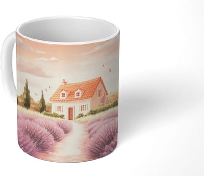 Mok - Koffiemok - Lavendelveld - Huis - Paars - Mokken - 350 ML - Beker - Koffiemokken - Theemok