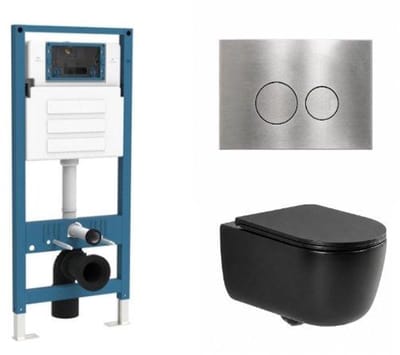 QeramiQ Dely Swirl Toiletset - inbouwreservoir Qeramiq Flush - slim zitting - metaal RVS bedieningsplaat - ronde knoppen - mat zwart