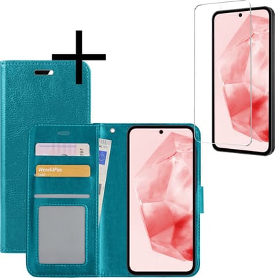 Hoesje - Met Screenprotector - Geschikt voor Samsung Galaxy A35 - Luxe Pasjeshouder - Bookcase Portemonee - Flip Case - Kunstleer Book Case - Flipcase - Book Cover - Walletcase - Portemonneehoes - Turquoise