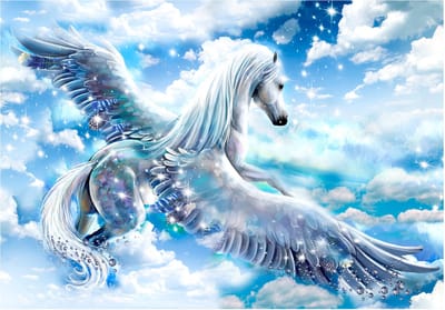 Fotobehangkoning - Behang - Vliesbehang - Fotobehang Pegasus in de Wolken (Blue) - 150 x 105 cm