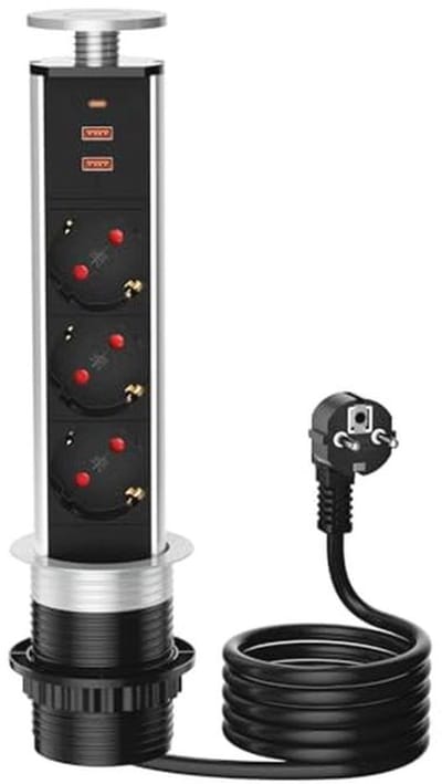 Tafelstopcontact met 3 Vakken en USB-C voor Kantoor en Keuken, Intrekbaar met 1.8m Kabel