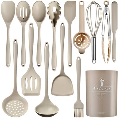 Livista Siliconen Keukengerei Set – 15-delig met Houder – BPA-vrij – Hittebestendig – Geschikt voor Alle Pannen – Vaatwasbestendig – Beige