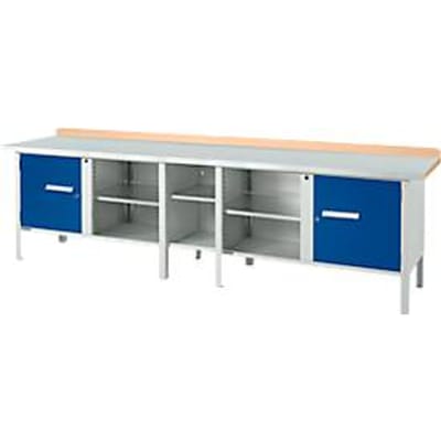 Box-type werkbank Schäfer Shop Select PWi 300-1, beuken multiplex blad, met stalen afdekking, tot 750 kg, B 3000 x D 700 x H 840 mm, gentiaanblauw
