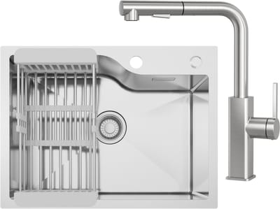 Anycee MAX Spoelbak RVS (60x45CM) - Spoelbak Met Kraangat - Spoelbak Keuken Met Keukenkraan - Enkele Spoelbak Met Afdruiprek - Incl. Sifon en Afvoerzeefje