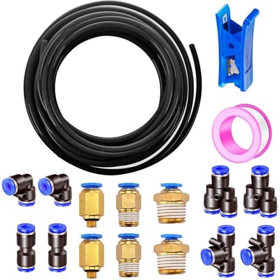Dailygoods- PU-slang 10 m - Hoge flexibiliteit - 4 mm buitendiameter - 14 verbindingsstukken - Slangsnijder - Plakband - Schokbestendig en duurzaam - Persluchtslang