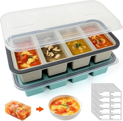 Set van 2 siliconen vriesvormen met deksel, 250 ml en 125 ml, grote vriescontainers voor soep, bouillon, saus, ijsblokjes en bakken, BPA-vrij, incl. 10 voedseldatumstickers