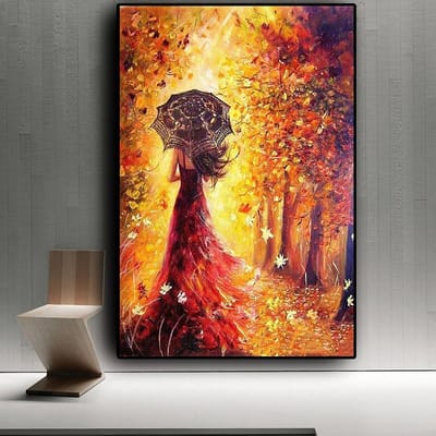 Allernieuwste.nl® Canvas Schilderij Meisje in Gouden Bos - Kunst Poster - Modern Abstract - Kleur - 50 x 70 cm