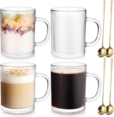 glazen koffie mokken set van 4, 350ml klassiek gestreept latte glas met handvat, borosilicaat temperatuurbestendig glas koffiekopjes voor cappuccino, macchiato, thee, melk, sap, koude & warme
