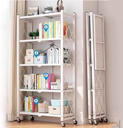 5-traps metalen vouwrek met wielen, 28" W x 12" D x 63" H, 950 lbs draagvermogen, multifunctioneel opbergrek zonder montage