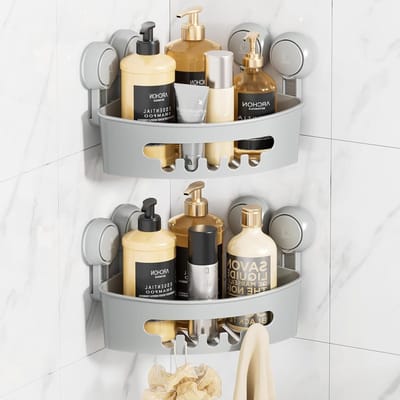 Hoekige Doucherek met Zuignappen - 2 Stuks Badkamer Triangle Plank, Geen Boren, Roestvrij Staal, Waterdicht, Shampoo Organiser voor Badkamer en Keuken, Grijs