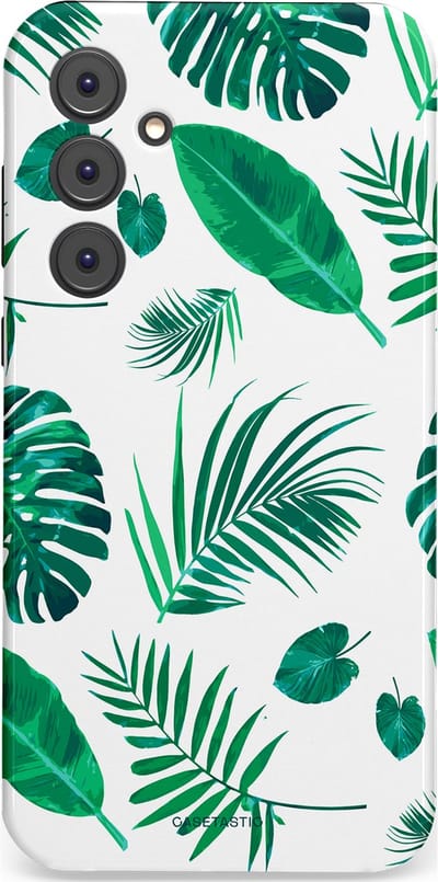 Casetastic Hoesje Geschikt voor Samsung A35 - Stijlvolle Beschermende Duo-layer Case - Groene Witte Jungle Bladeren Print