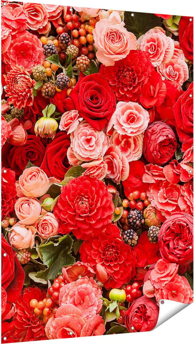 Gards Tuinposter Rode en Roze Bloemen met Fruit - Abstract - 120x180 cm - Tuindoek - Tuindecoratie - Wanddecoratie buiten - Tuinschilderij