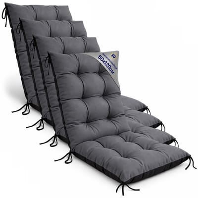 Tuinstoelkussens Hoge Rug Set: 4x 50x120 cm - Kussens voor Tuinstoelen & Standenstoel Terrasstoel Grafiet Stoelkussens Tuin Zitkussen Extra Dik 10 cm met Bindlinten