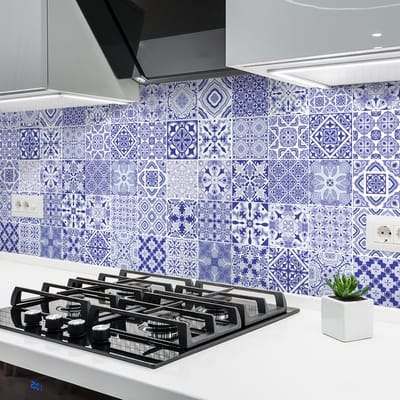 Zelfklevende tegelmuurstickers voor keuken en badkamer - 24 cementtegelstickers, Azulejos Tobias-stijl - 24 stickers, 10x10 cm